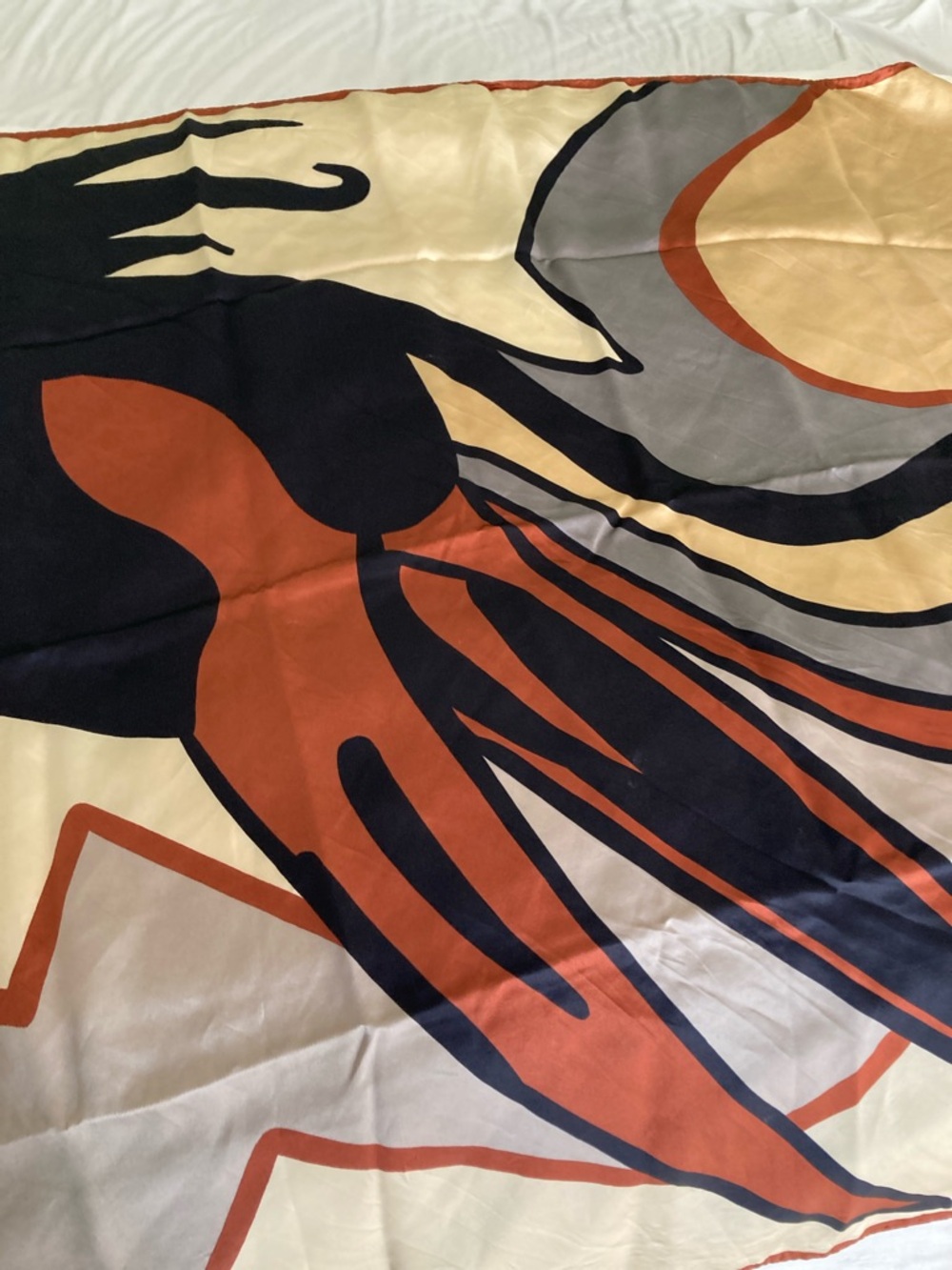 Abstract Graphic Silk Scarf in Cream, Rust & Navy